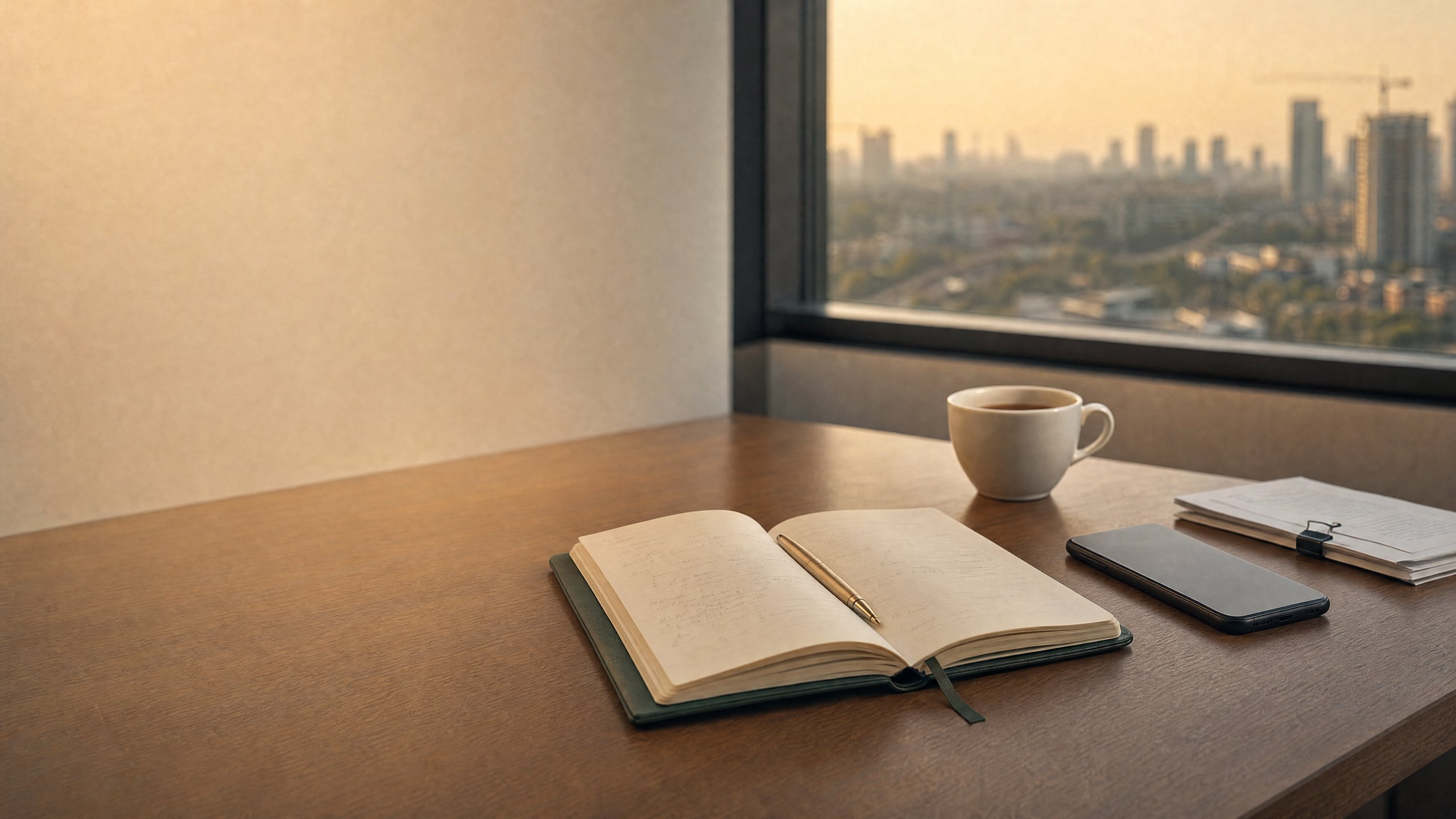 An open green notebook, a brass pen and a face-down phone on a desk
