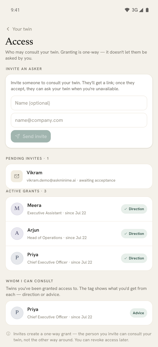 The access screen: who may consult this twin, and the control to revoke it