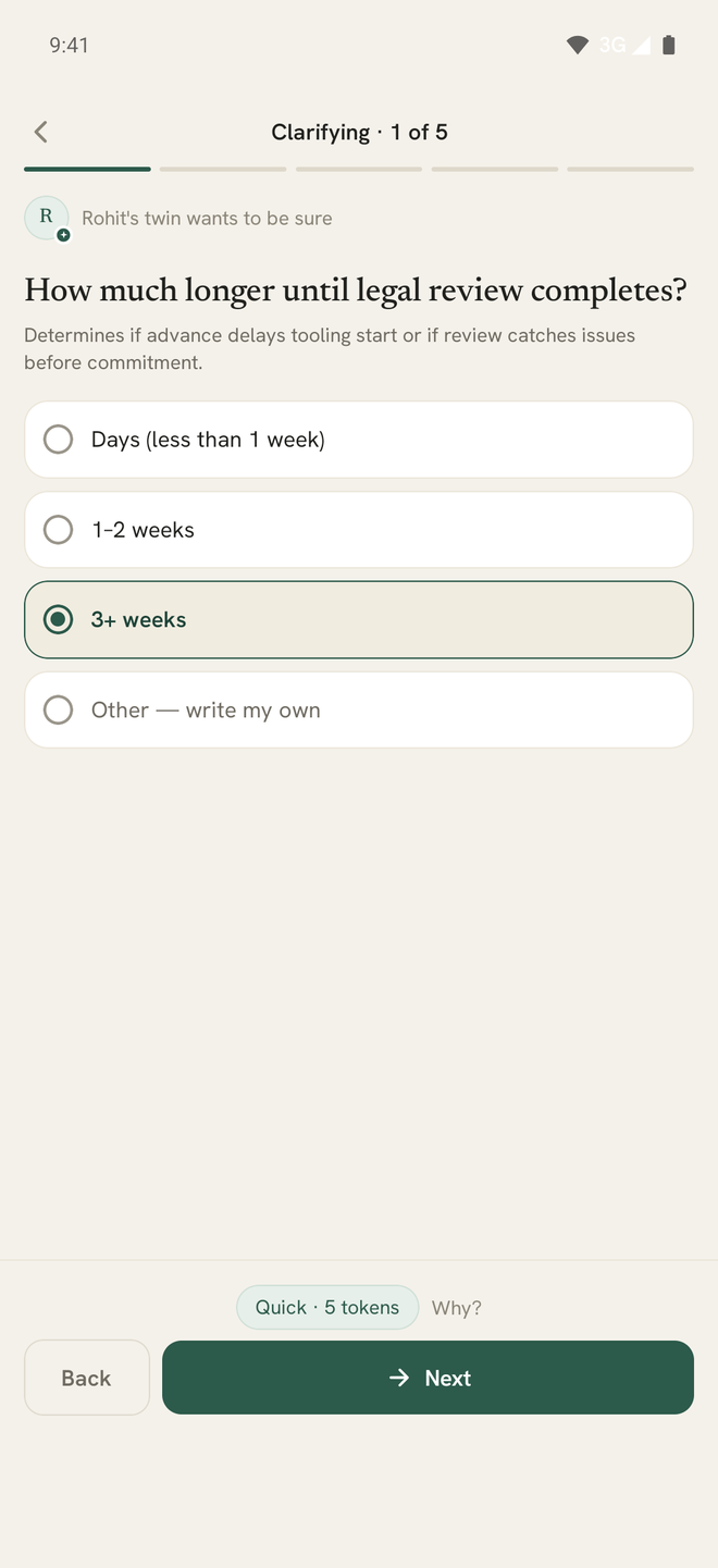 The twin returning one bounded multiple-choice clarifying question
