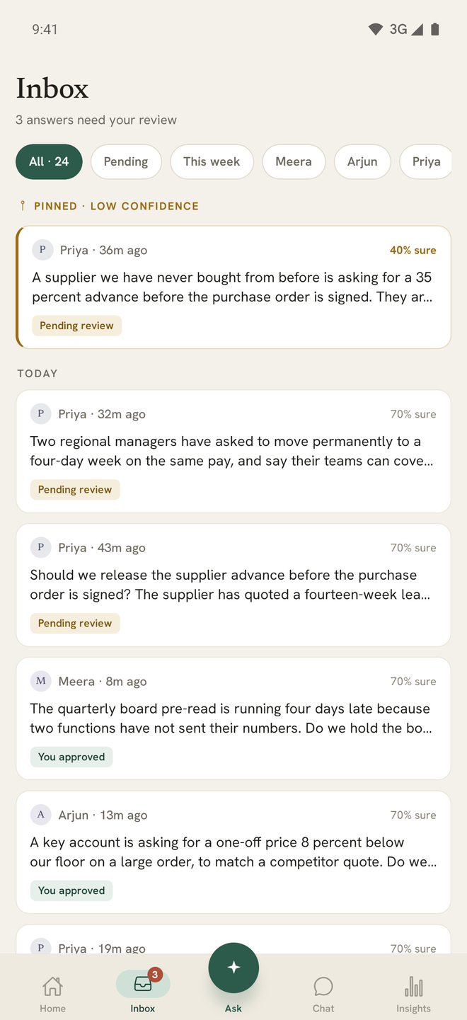 The owner's inbox of answers his twin has given, low-confidence ones pinned first